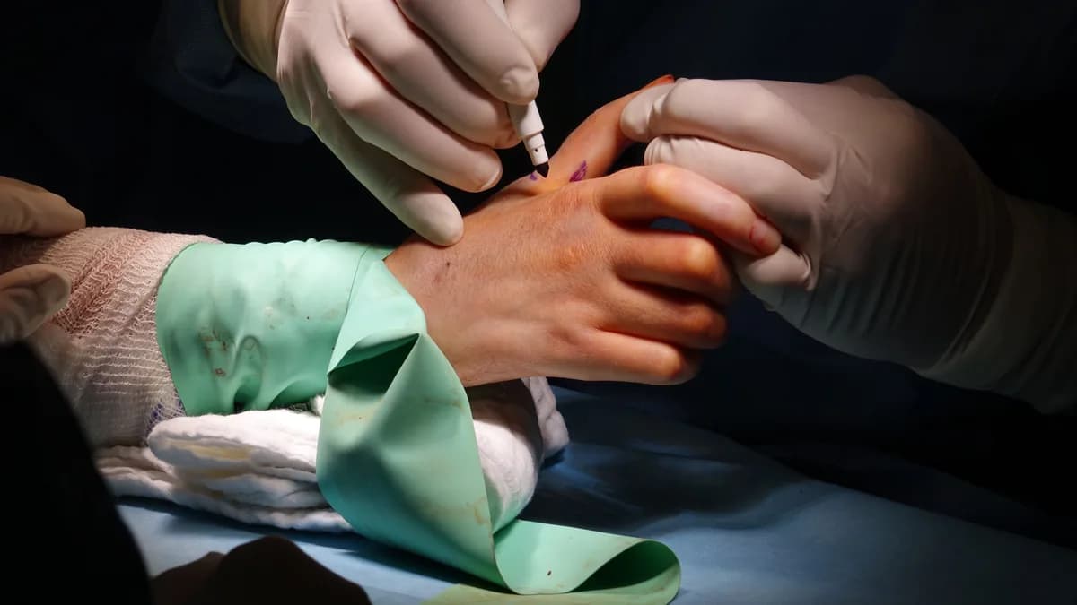 Cirurgião marcando a pele da mão do paciente antes da cirurgia, em centro cirúrgico