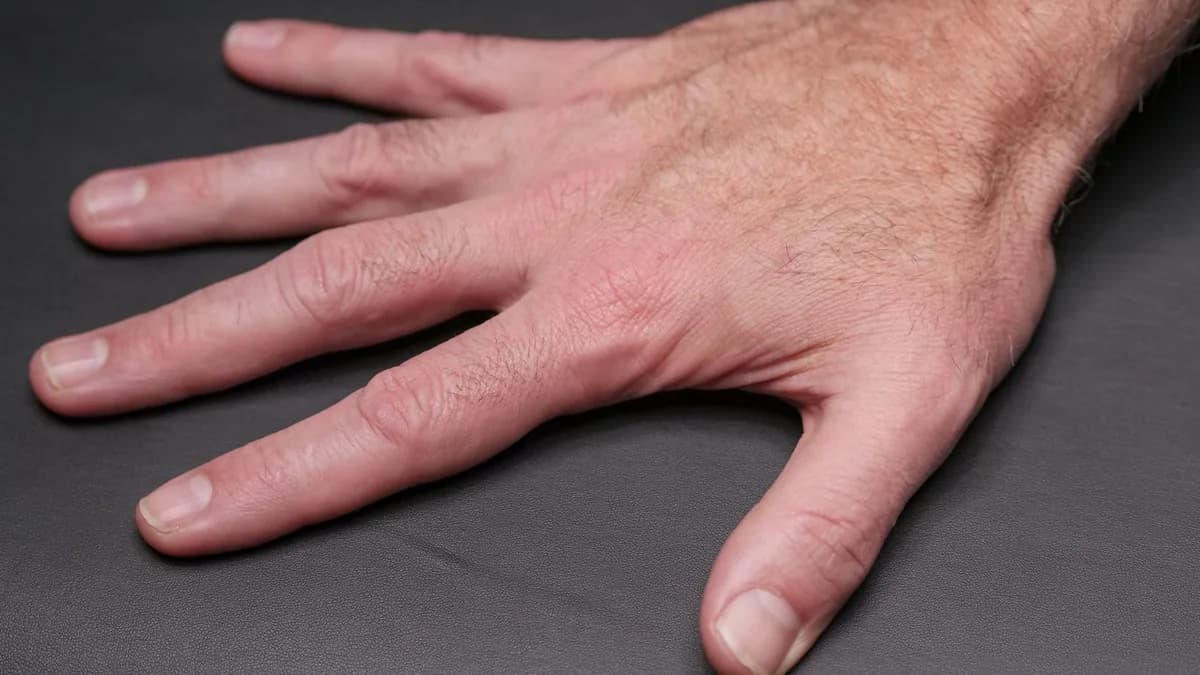 Mão masculina apoiada em superfície escura com as veias do dorso visíveis